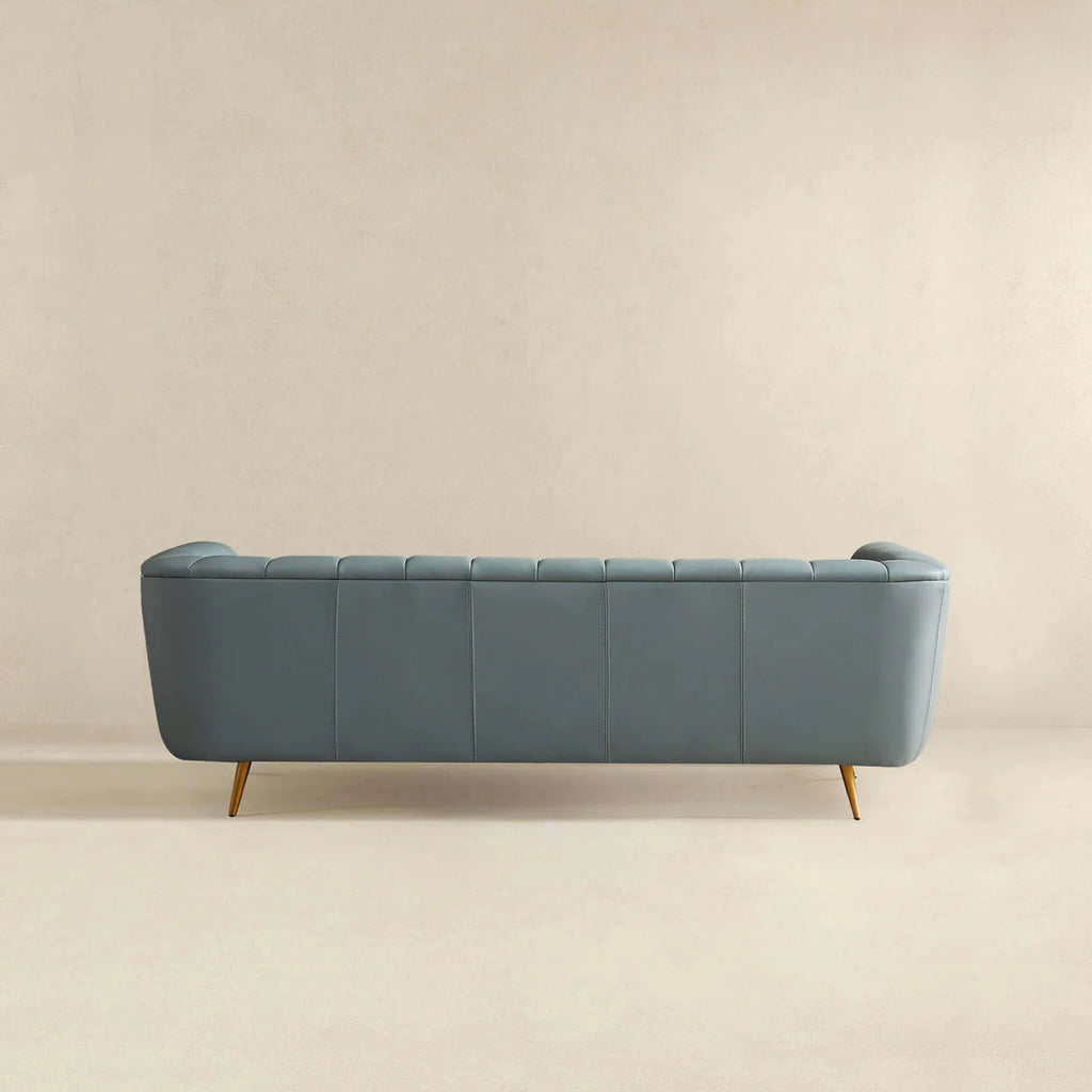 LaMattina Genuine Italian Blue Leather Channel Tufted Sofa