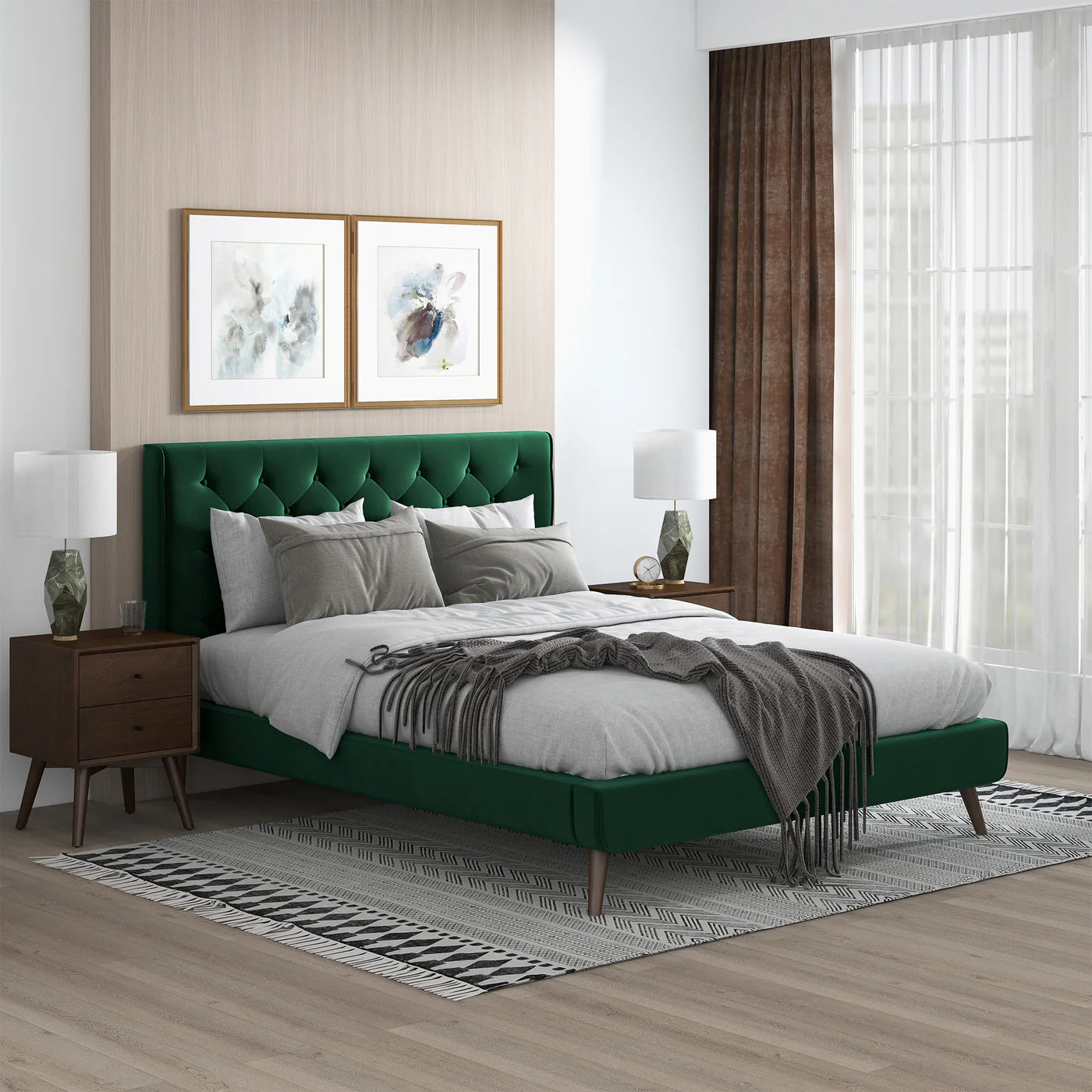 Dillon Dark Green Velvet Platform Bed Size