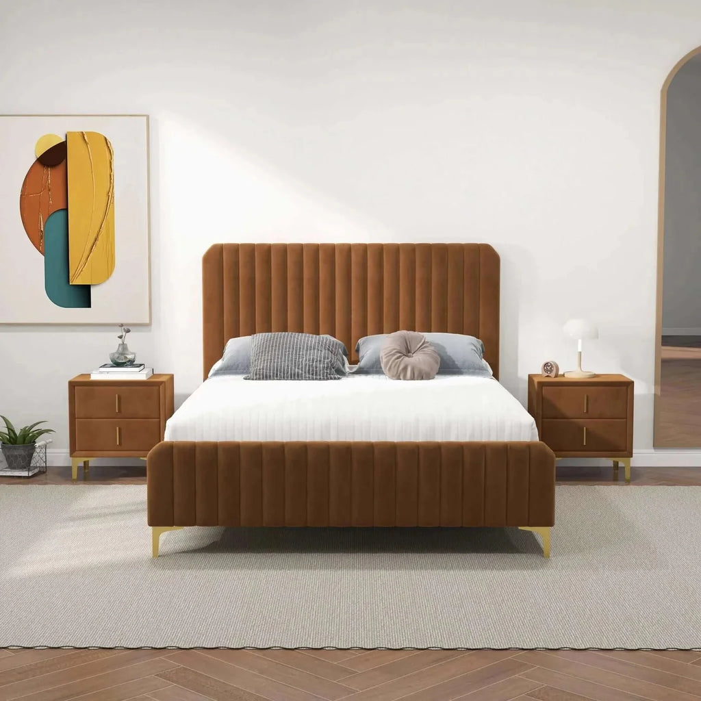 Bethany Velvet Upholstered Platform Bed  Brown