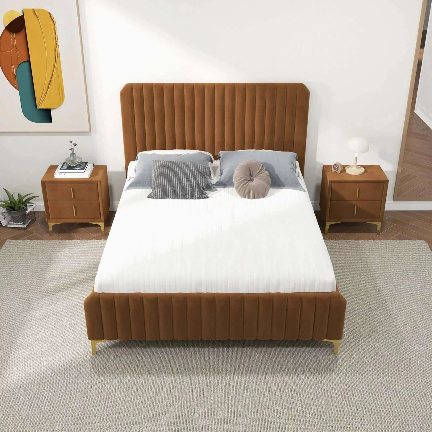 Bethany Velvet Upholstered Platform Bed  Brown