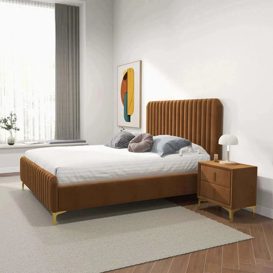 Bethany Velvet Upholstered Platform Bed  Brown