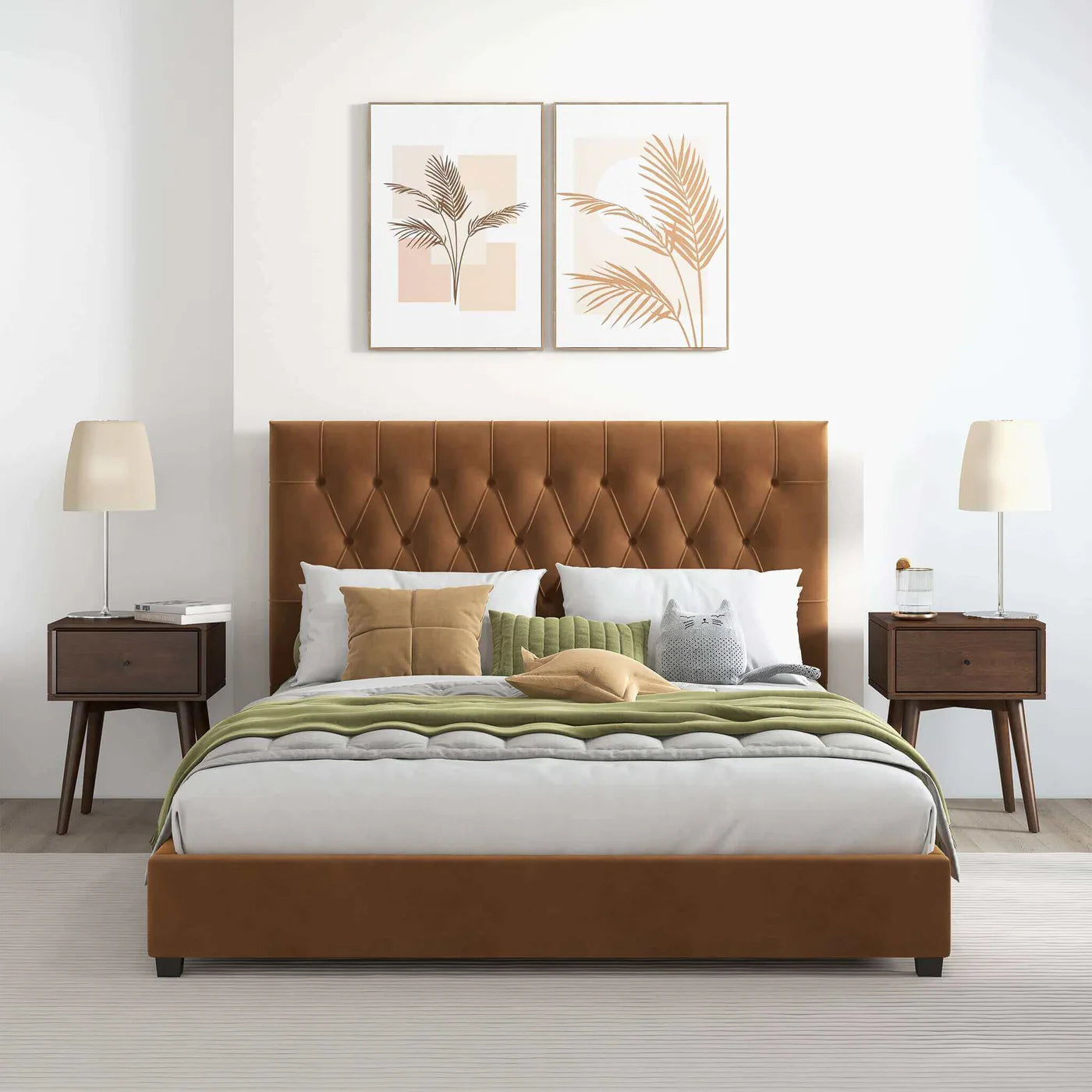 Donald Mid Century Modern Cognac Velvet Platform Bed