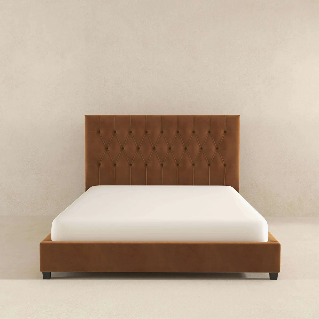 Donald Mid Century Modern Cognac Velvet Platform Bed