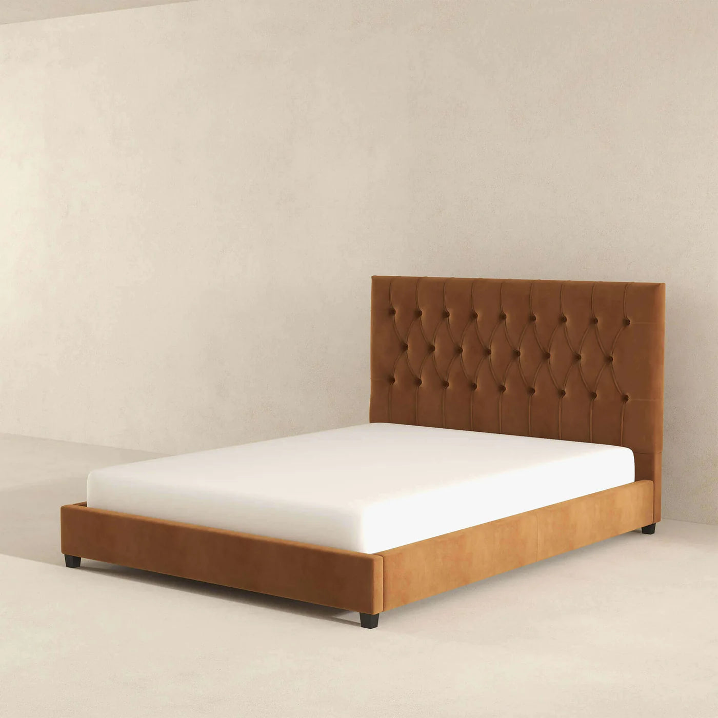 Donald Mid Century Modern Cognac Velvet Platform Bed